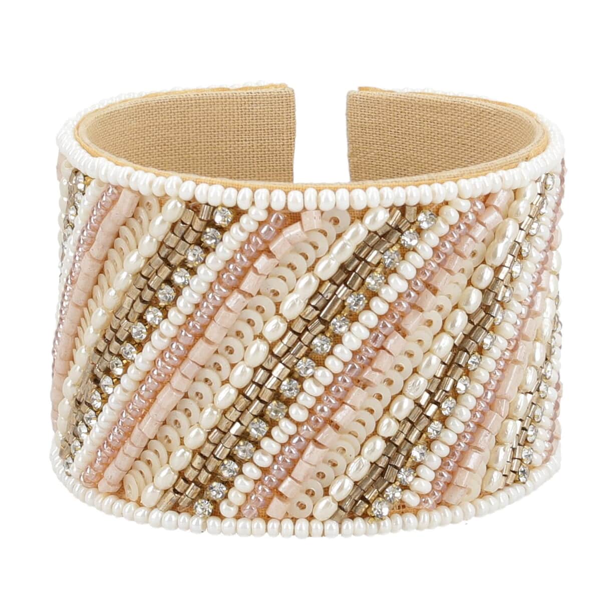 Multi Color Glass Seed Beaded Linear Pattern Cuff Bracelet in Goldtone image number 0