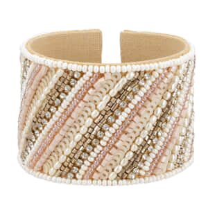Multi Color Glass Seed Beaded Linear Pattern Cuff Bracelet in Goldtone