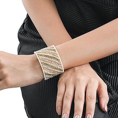 Multi Color Glass Seed Beaded Linear Pattern Cuff Bracelet in Goldtone