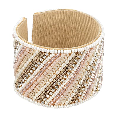 Multi Color Glass Seed Beaded Linear Pattern Cuff Bracelet in Goldtone