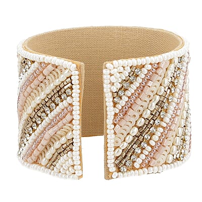 Multi Color Glass Seed Beaded Linear Pattern Cuff Bracelet in Goldtone