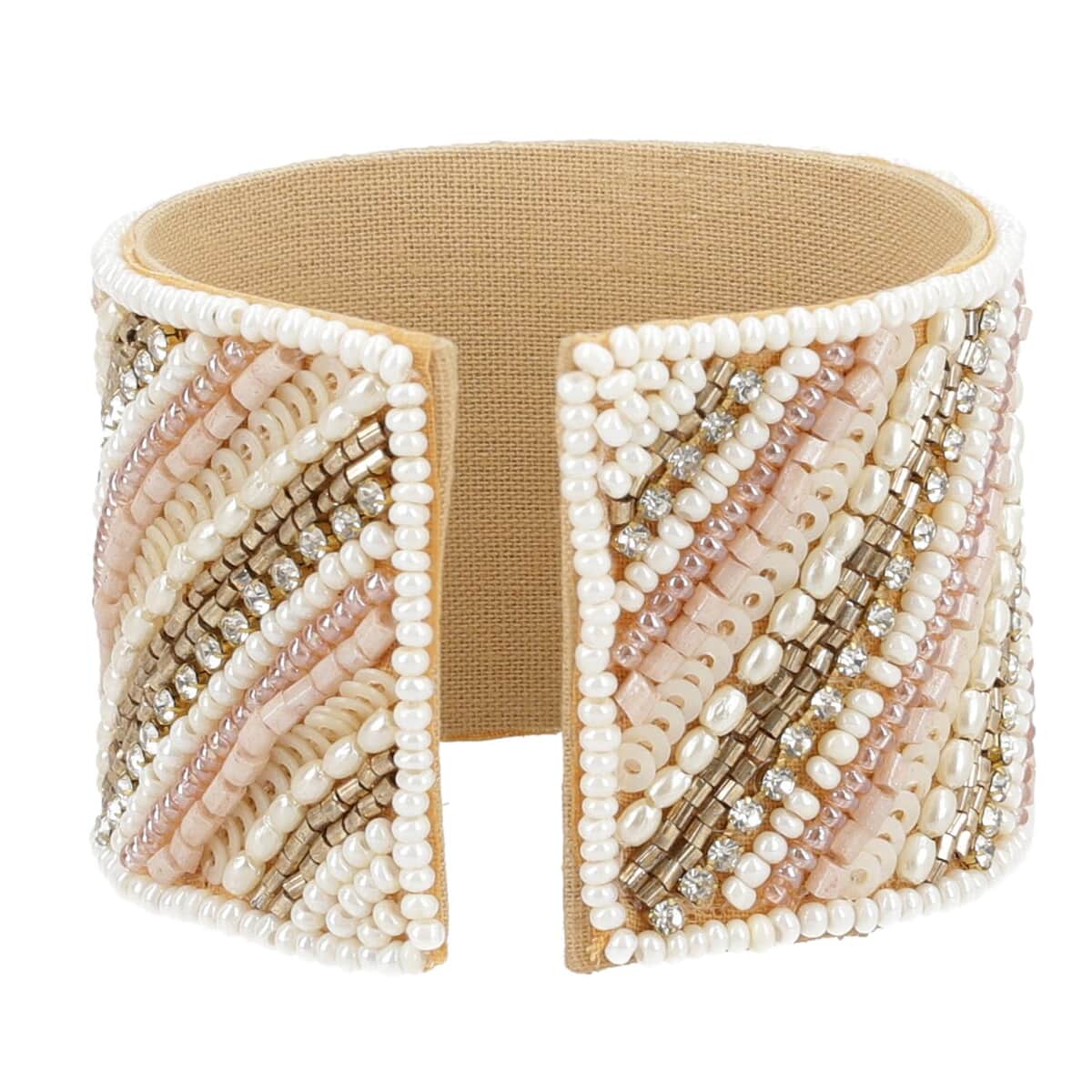 Multi Color Glass Seed Beaded Linear Pattern Cuff Bracelet in Goldtone image number 3