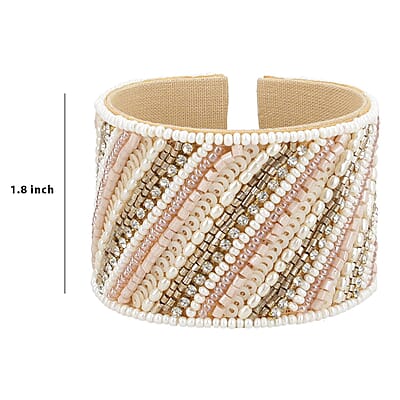Multi Color Glass Seed Beaded Linear Pattern Cuff Bracelet in Goldtone