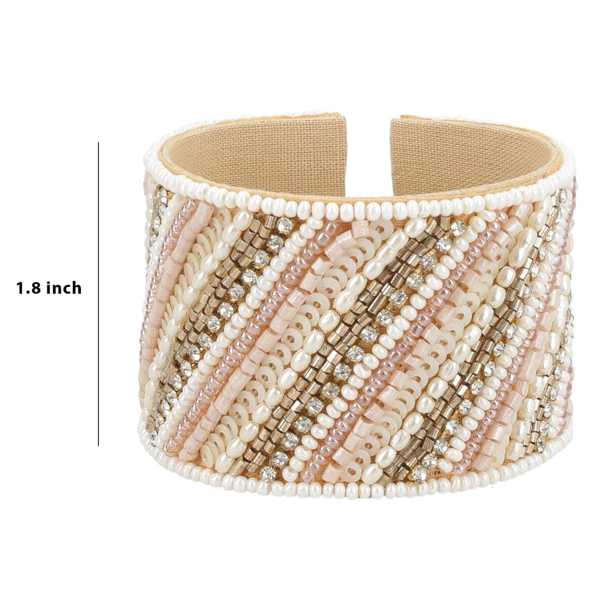 Multi Color Glass Seed Beaded Linear Pattern Cuff Bracelet in Goldtone image number 4