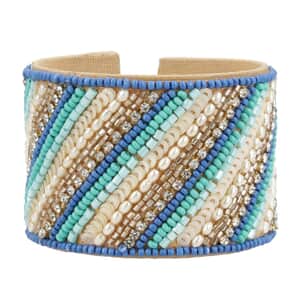Turquoise Glass Seed Beaded Linear Pattern Cuff Bracelet in Goldtone