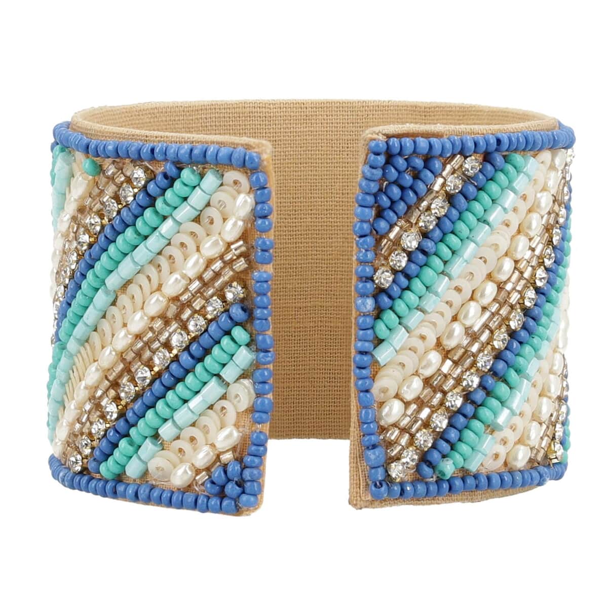 Turquoise Glass Seed Beaded Linear Pattern Cuff Bracelet in Goldtone image number 3