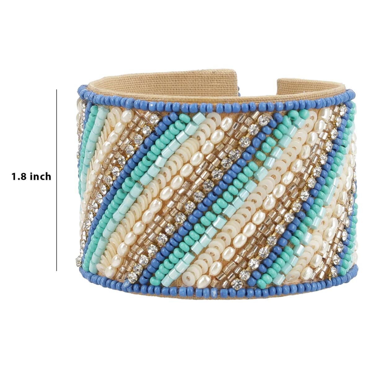 Turquoise Glass Seed Beaded Linear Pattern Cuff Bracelet in Goldtone image number 4
