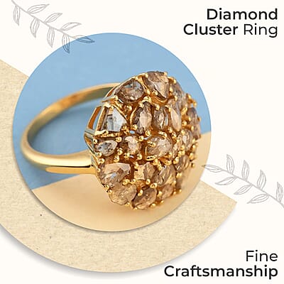 Rose Cut Natural Champagne Diamond Ring in 14K Yellow Gold Plated Sterling Silver, Diamond Cluster Ring, Diamond Jewelry 3.00 ctw