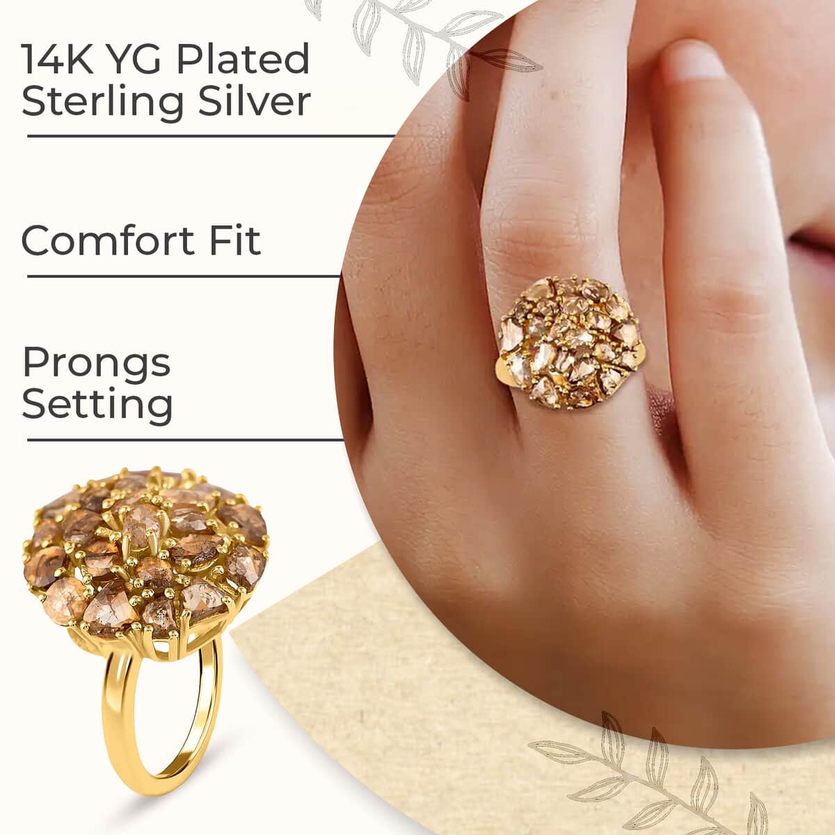 Rose Cut Natural Champagne Diamond Ring in 14K Yellow Gold Plated Sterling Silver, Diamond Cluster Ring, Diamond Jewelry 3.00 ctw image number 2