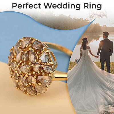 Rose Cut Natural Champagne Diamond Ring in 14K Yellow Gold Plated Sterling Silver, Diamond Cluster Ring, Diamond Jewelry 3.00 ctw