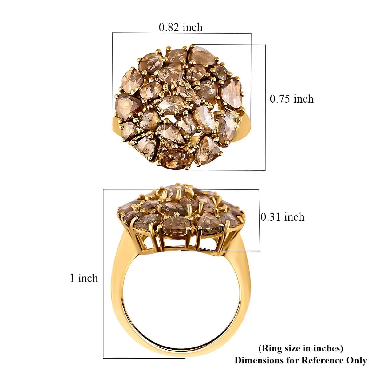 Rose Cut Natural Champagne Diamond Ring in 14K Yellow Gold Plated Sterling Silver, Diamond Cluster Ring, Diamond Jewelry 3.00 ctw image number 5