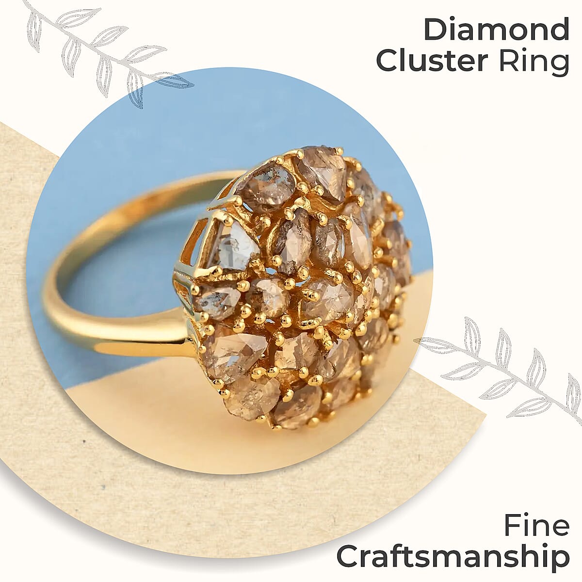 Rose Cut Natural Champagne Diamond Ring in 14K Yellow Gold Plated Sterling Silver, Diamond Cluster Ring, Diamond Jewelry 3.00 ctw image number 1