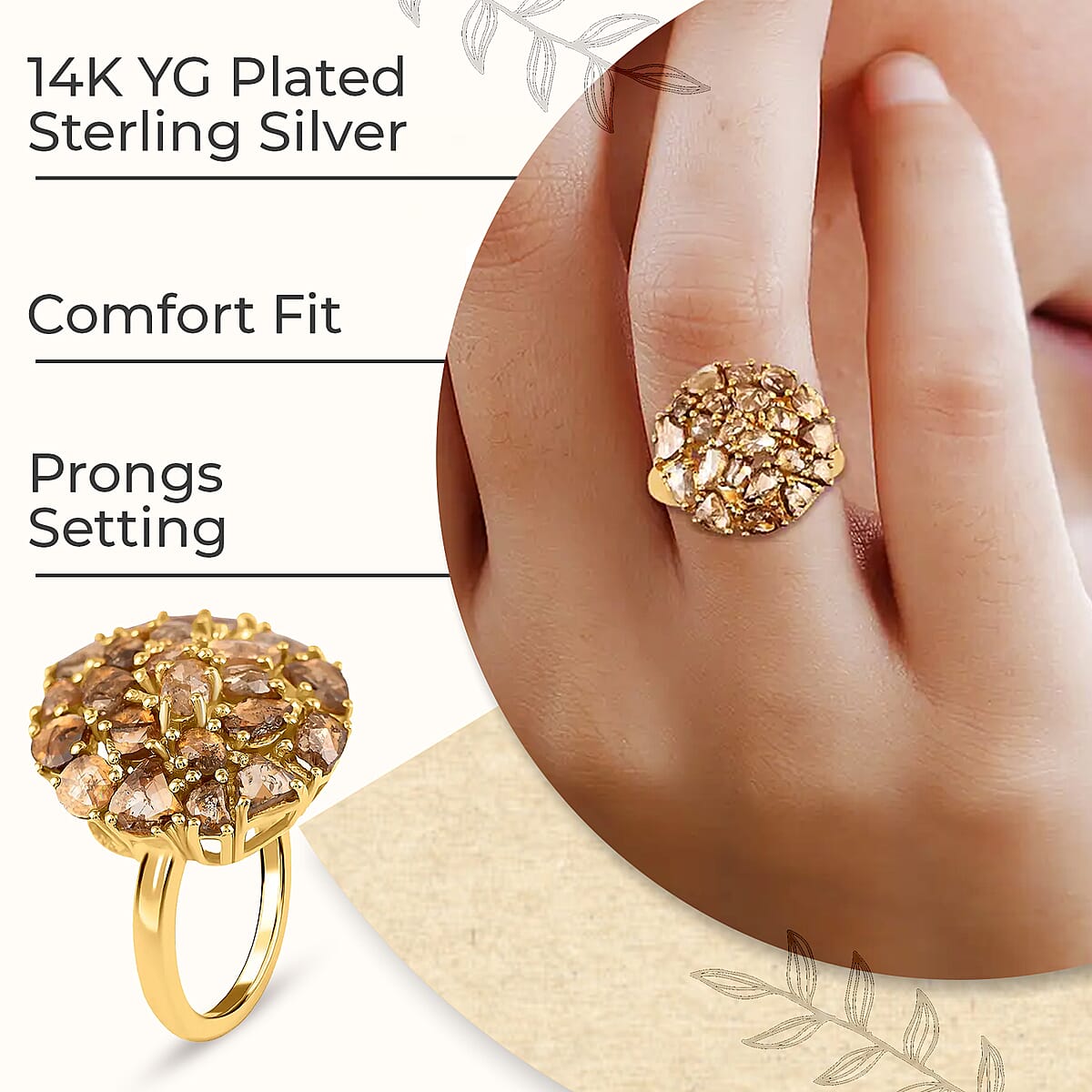 Rose Cut Natural Champagne Diamond Ring in 14K Yellow Gold Plated Sterling Silver, Diamond Cluster Ring, Diamond Jewelry 3.00 ctw image number 2