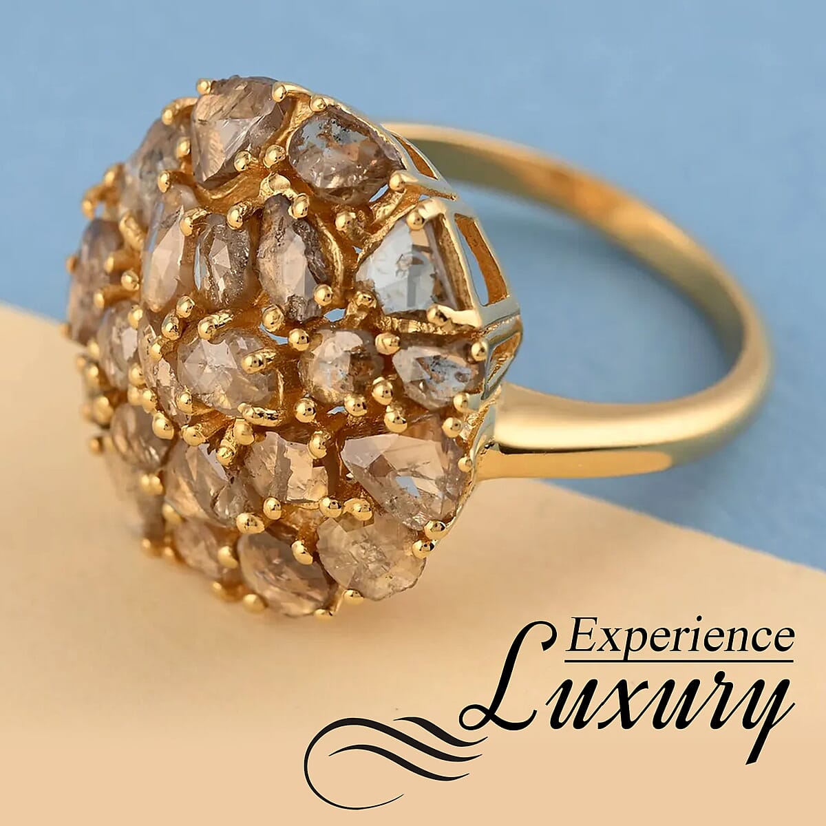 Rose Cut Natural Champagne Diamond Ring in 14K Yellow Gold Plated Sterling Silver, Diamond Cluster Ring, Diamond Jewelry (Size 7.0) 3.00 ctw image number 1