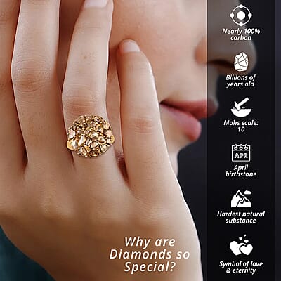Rose Cut Natural Champagne Diamond Ring in 14K Yellow Gold Plated Sterling Silver, Diamond Cluster Ring, Diamond Jewelry (Size 7.0) 3.00 ctw