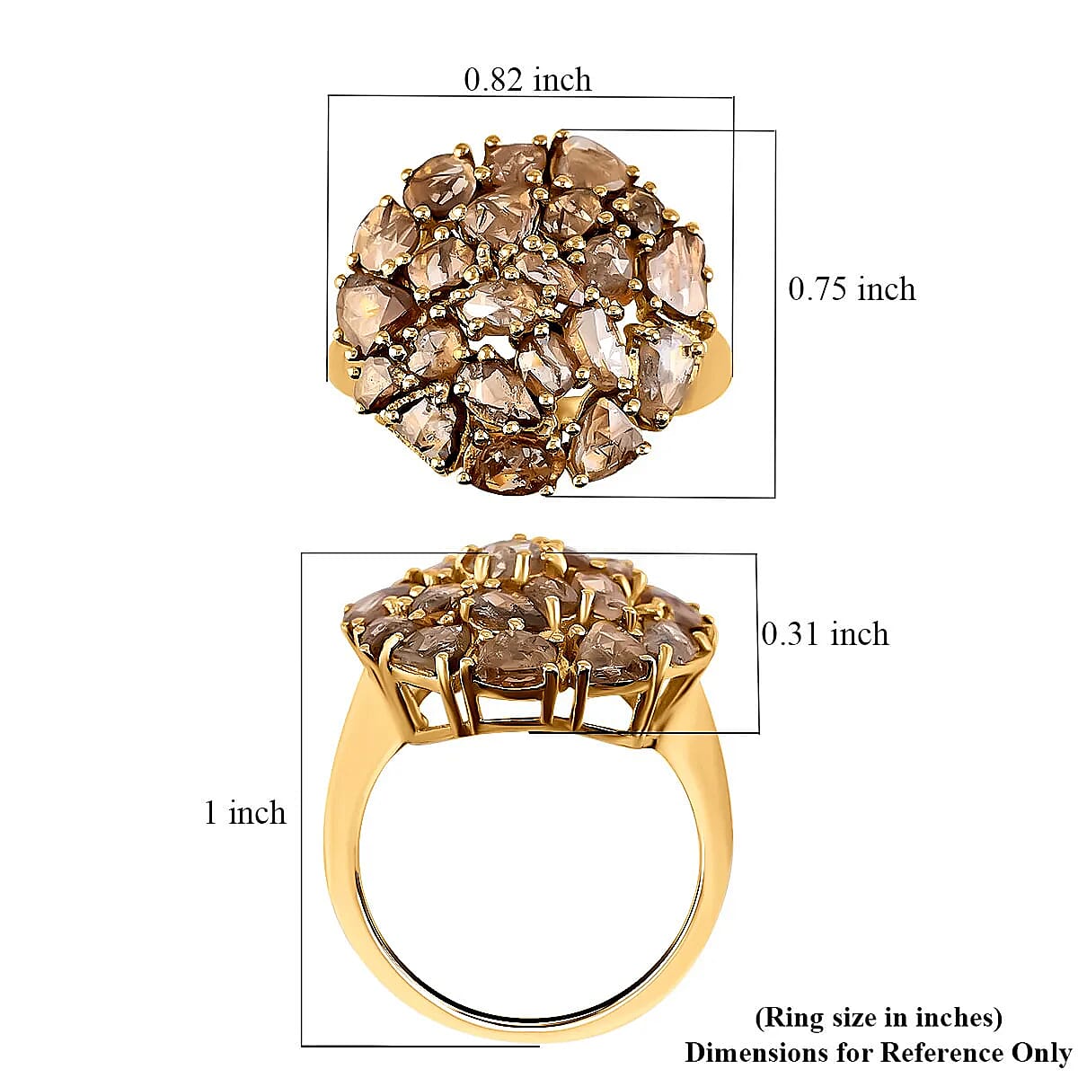 Rose Cut Natural Champagne Diamond Ring in 14K Yellow Gold Plated Sterling Silver, Diamond Cluster Ring, Diamond Jewelry (Size 7.0) 3.00 ctw