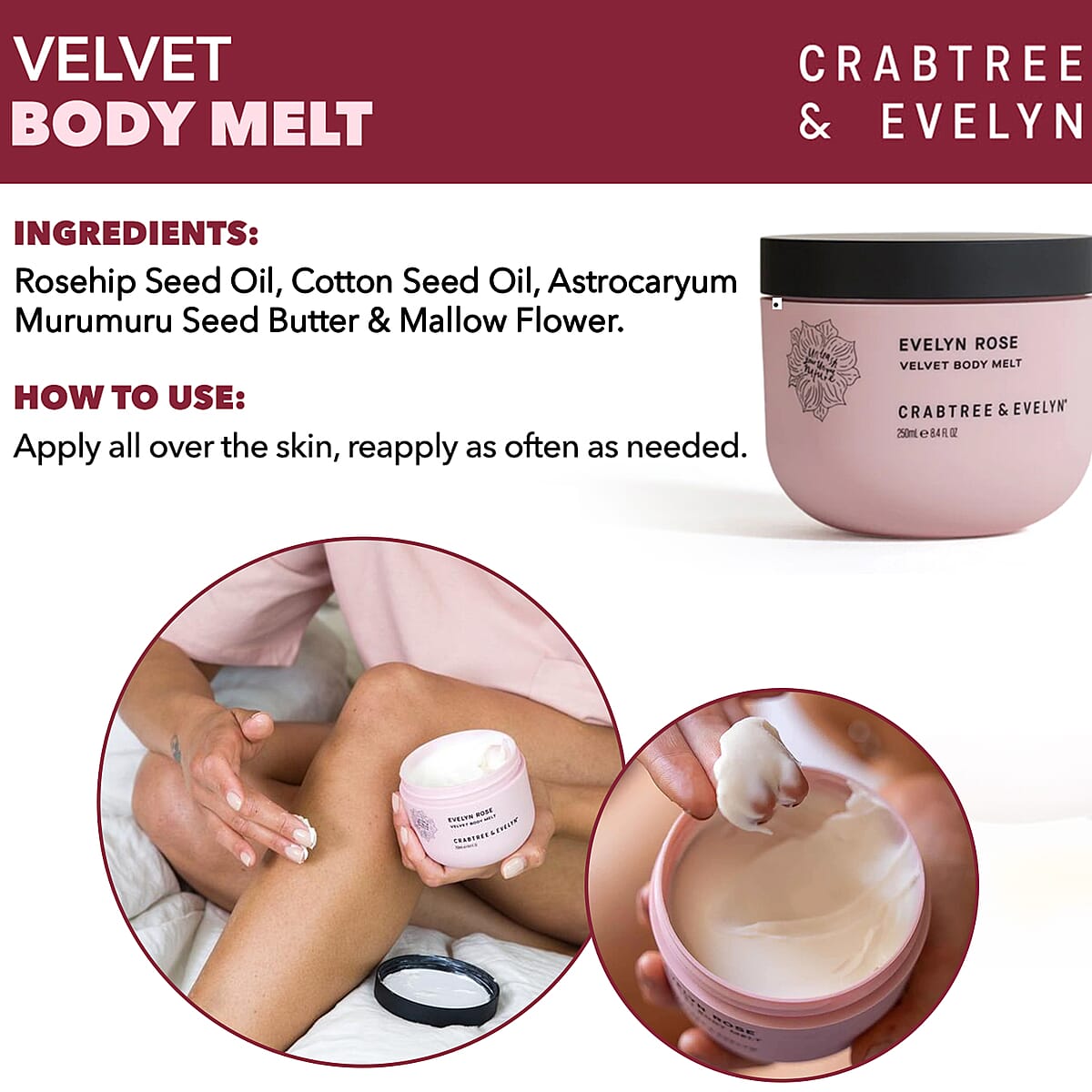 CLOSEOUT Crabtree & Evelyn Evelyn Rose Velvet Body Melt 250ML 8.4oz image number 3