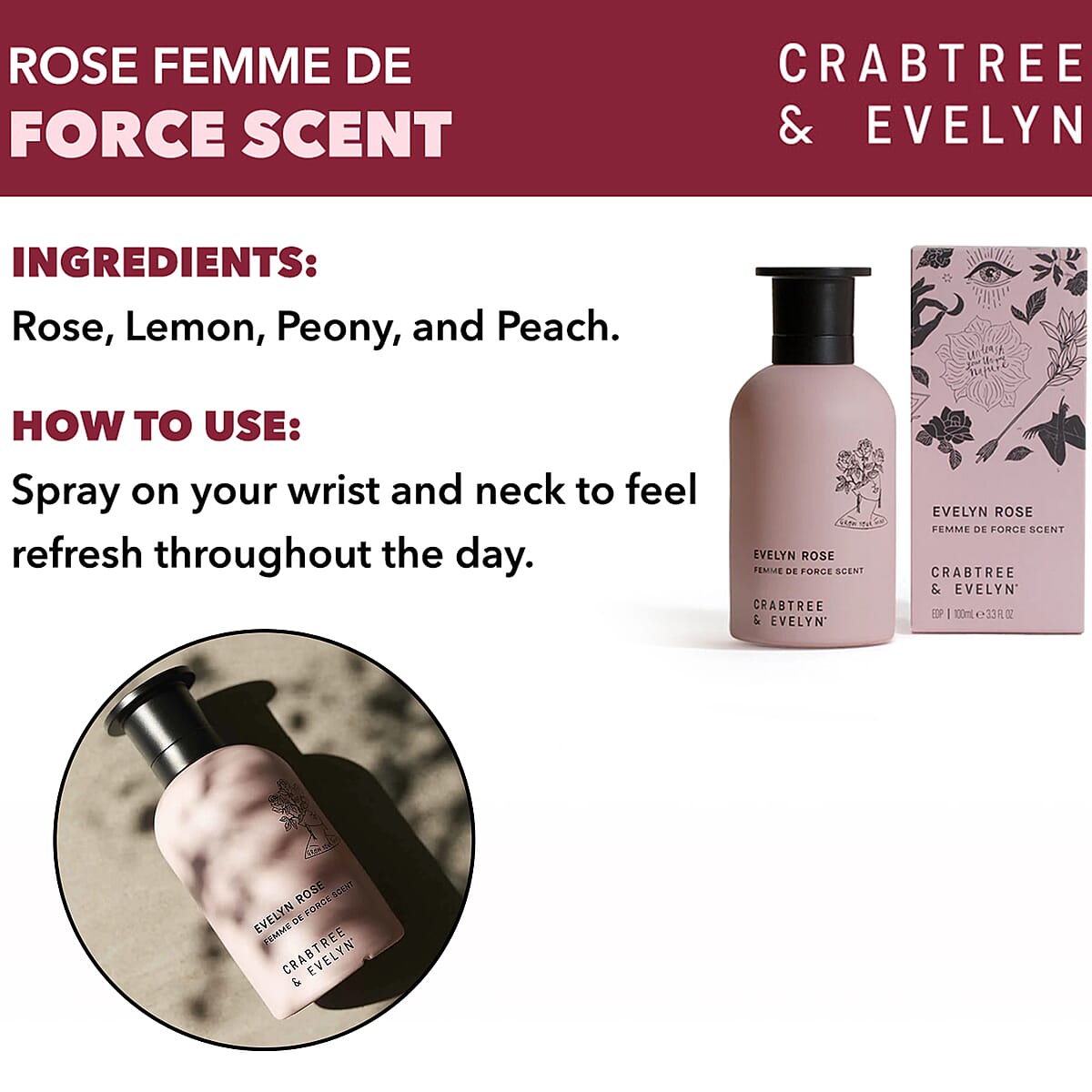 Closeout Crabtree & Evelyn Evelyn Rose Femme De Force Scent 100ML 3.3oz | Fresh Floral Perfumes for Women | Floral Fragrances | Women's Floral Perfume image number 3