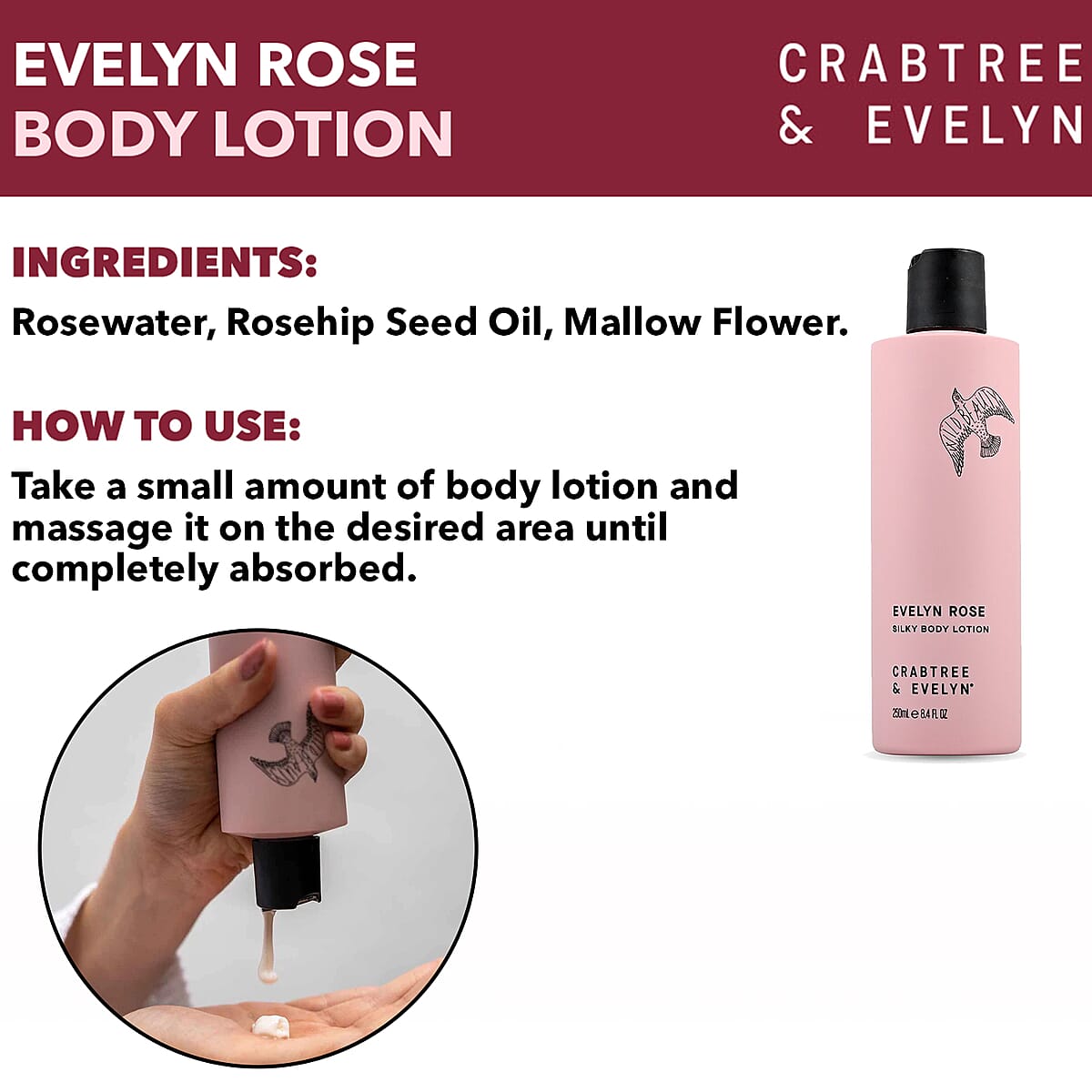 Closeout Crabtree & Evelyn Evelyn Rose Silky Body Lotion 8.4oz image number 3