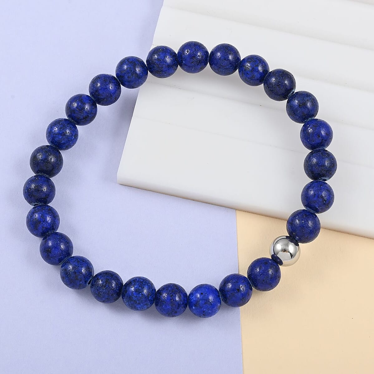 Lapis Lazuli Beaded Stretch Bracelet in Stainless Steel 60.50 ctw , Tarnish-Free, Waterproof, Sweat Proof Jewelry image number 1