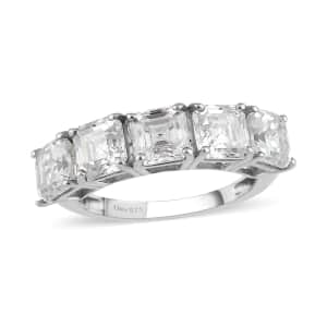Asscher Cut Moissanite 5 Stone Ring, Moissanite Ring, Platinum Over Sterling Silver Ring 3.35 ctw (Size 10.0)