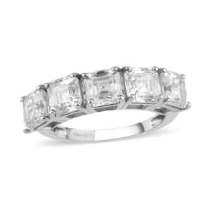 Asscher Cut Moissanite 5 Stone Ring , Moissanite Ring , Platinum Over Sterling Silver Ring 3.35 ctw (Size 5.0)