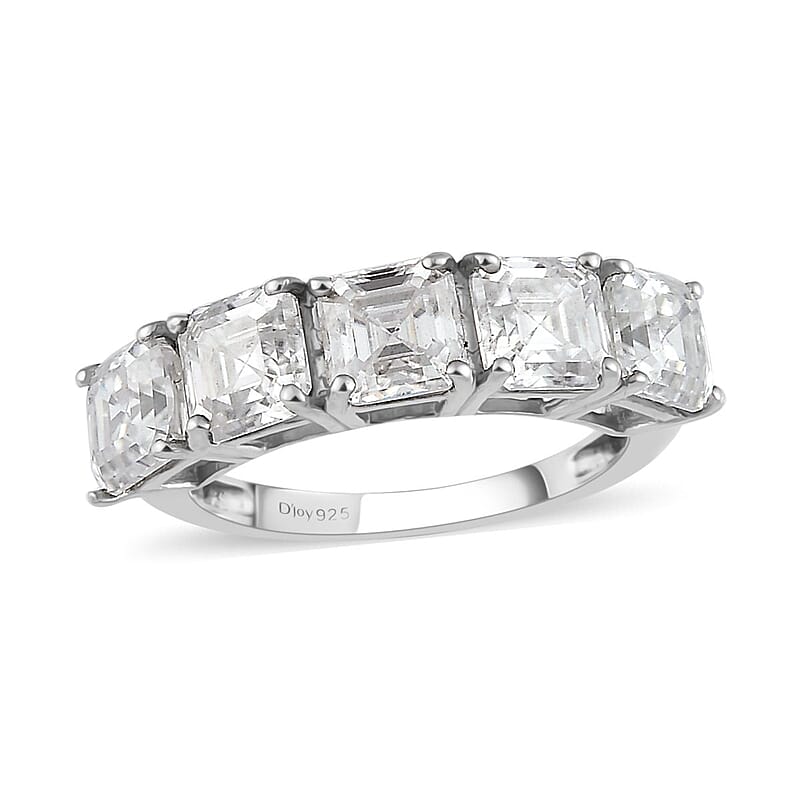 D'Joy Asscher Cut Moissanite 3.35 ctw  5 Stone Ring Platinum Over Sterling Silver Ring (Size 6.0)