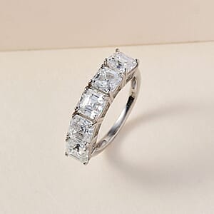 D'Joy Asscher Cut Moissanite 3.35 ctw  5 Stone Ring Platinum Over Sterling Silver Ring (Size 6.0)
