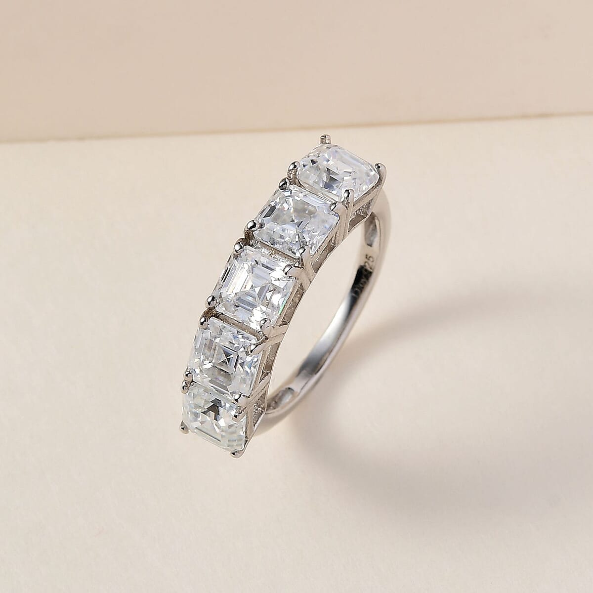 D'Joy Asscher Cut Moissanite 3.35 ctw  5 Stone Ring Platinum Over Sterling Silver Ring (Size 7.0) image number 1