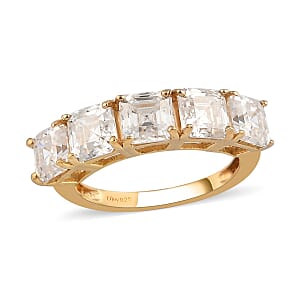 Asscher Cut Moissanite 3.35 ctw 5 Stone Ring , Moissanite Ring , Vermeil Yellow Gold Over Sterling Silver Ring (Size 7.0)