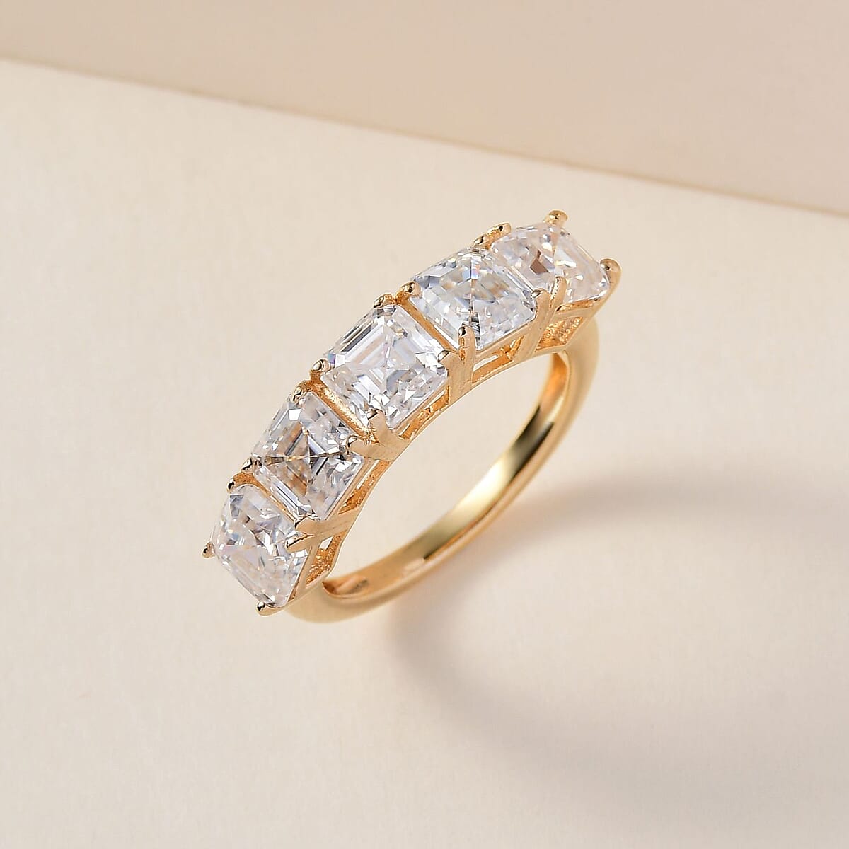 Asscher Cut Moissanite 3.35 ctw 5 Stone Ring , Moissanite Ring , Vermeil Yellow Gold Over Sterling Silver Ring (Size 7.0) image number 1