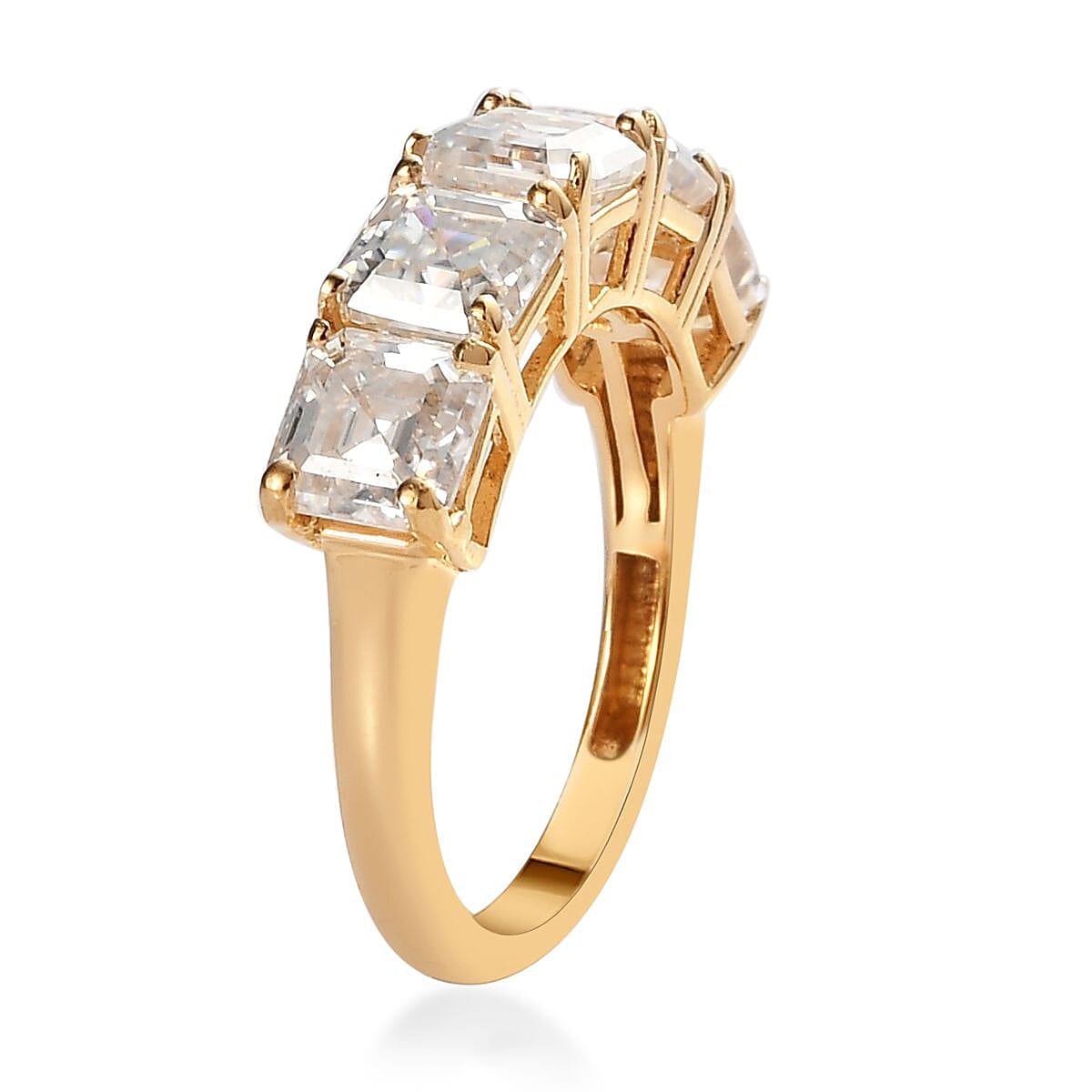 Asscher Cut Moissanite 3.35 ctw 5 Stone Ring , Moissanite Ring , Vermeil Yellow Gold Over Sterling Silver Ring (Size 7.0) image number 3