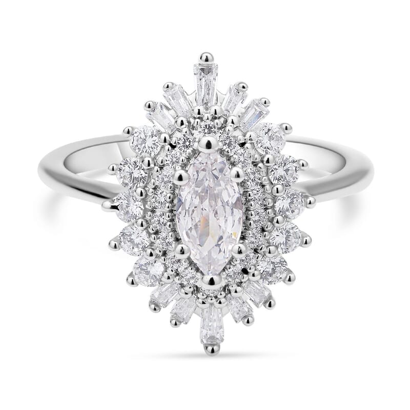 Simulated Diamond Cocktail Ring in Silvertone (Size 10.0) 1.85 ctw