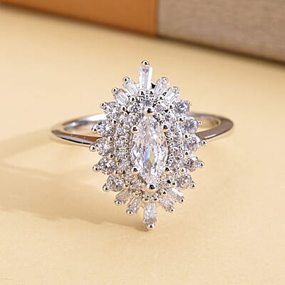 Simulated Diamond Cocktail Ring in Silvertone (Size 10.0) 1.85 ctw