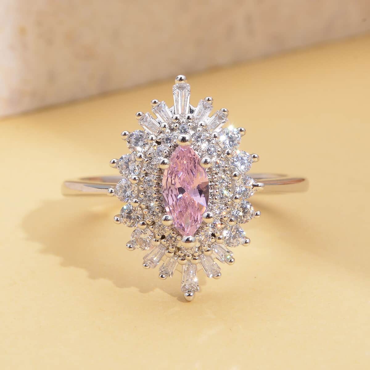 Simulated Pink and White Diamond Cocktail Ring in Silvertone (Size 8.0) 1.85 ctw image number 1