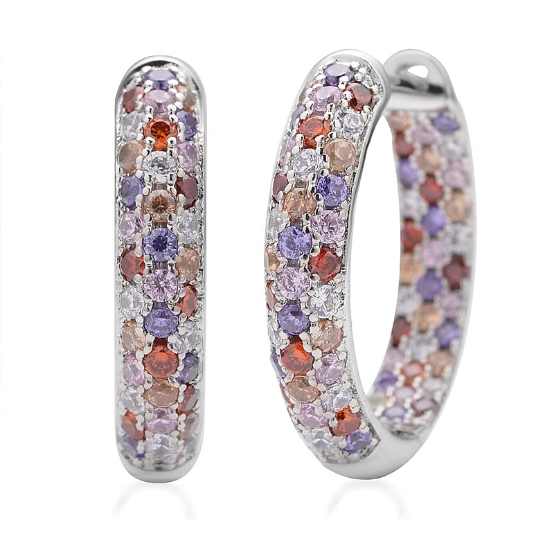 Simulated Multi Color Diamond Hoop Earrings in Silvertone 3.65 ctw