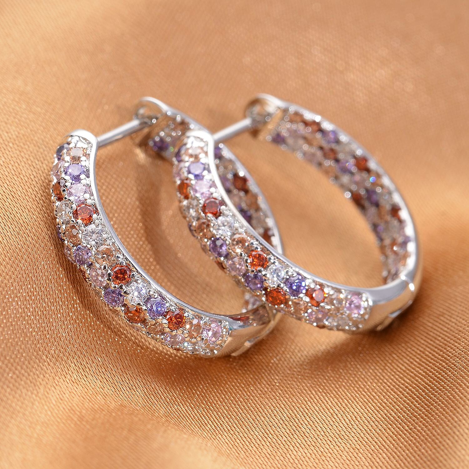 Simulated Multi Color Diamond Hoop Earrings in Silvertone 3.65 ctw