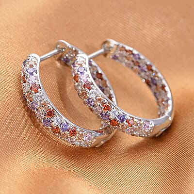 Simulated Multi Color Diamond Hoop Earrings in Silvertone 3.65 ctw