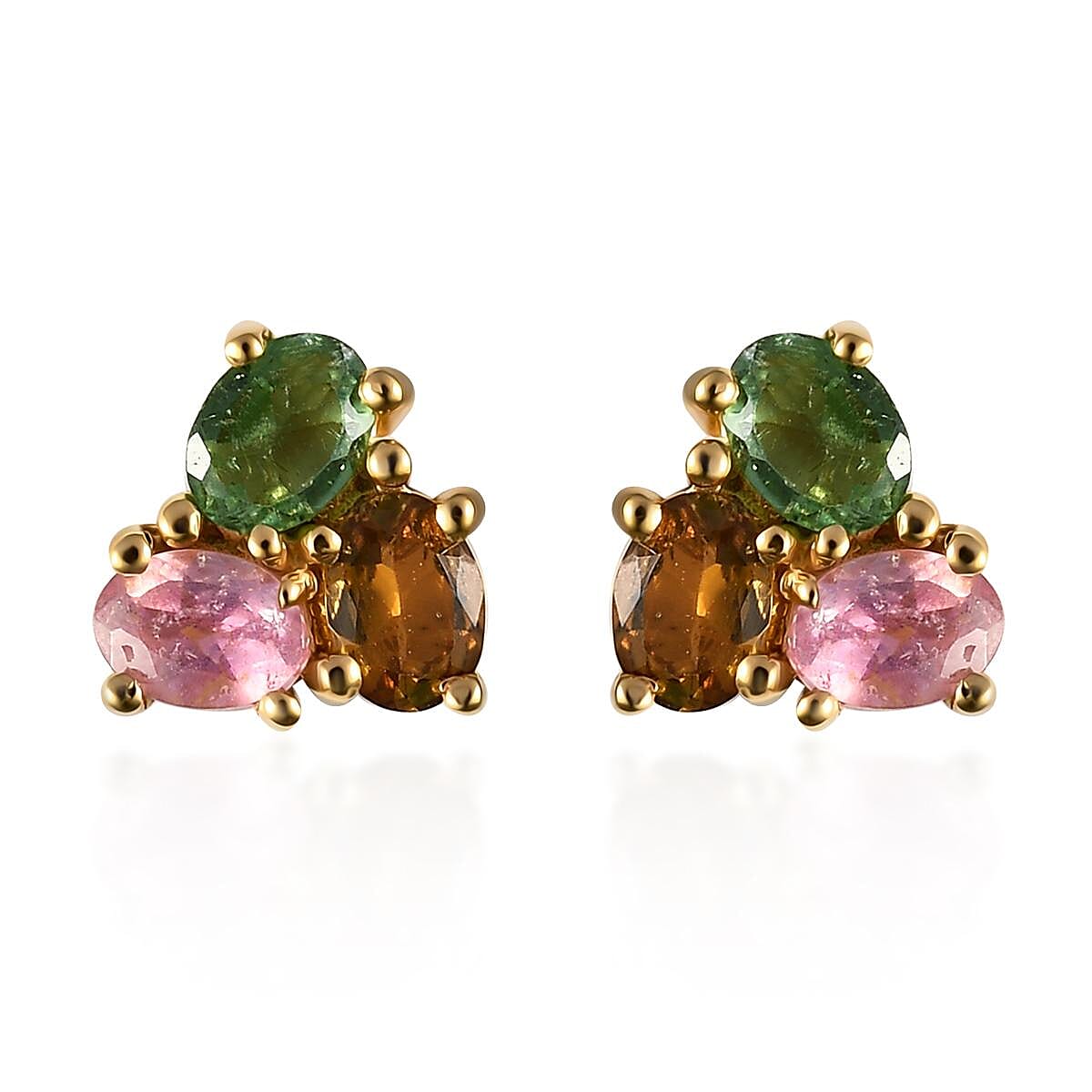 Multi-Tourmaline Stud Earrings in Vermeil Yellow Gold Over Sterling Silver 1.00 ctw
