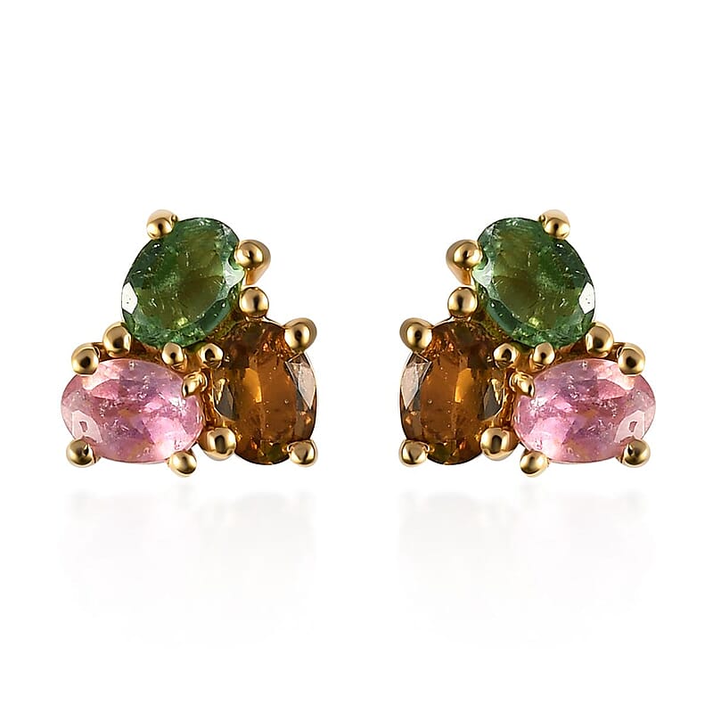 Multi-Tourmaline Stud Earrings in Vermeil Yellow Gold Over Sterling Silver 1.00 ctw
