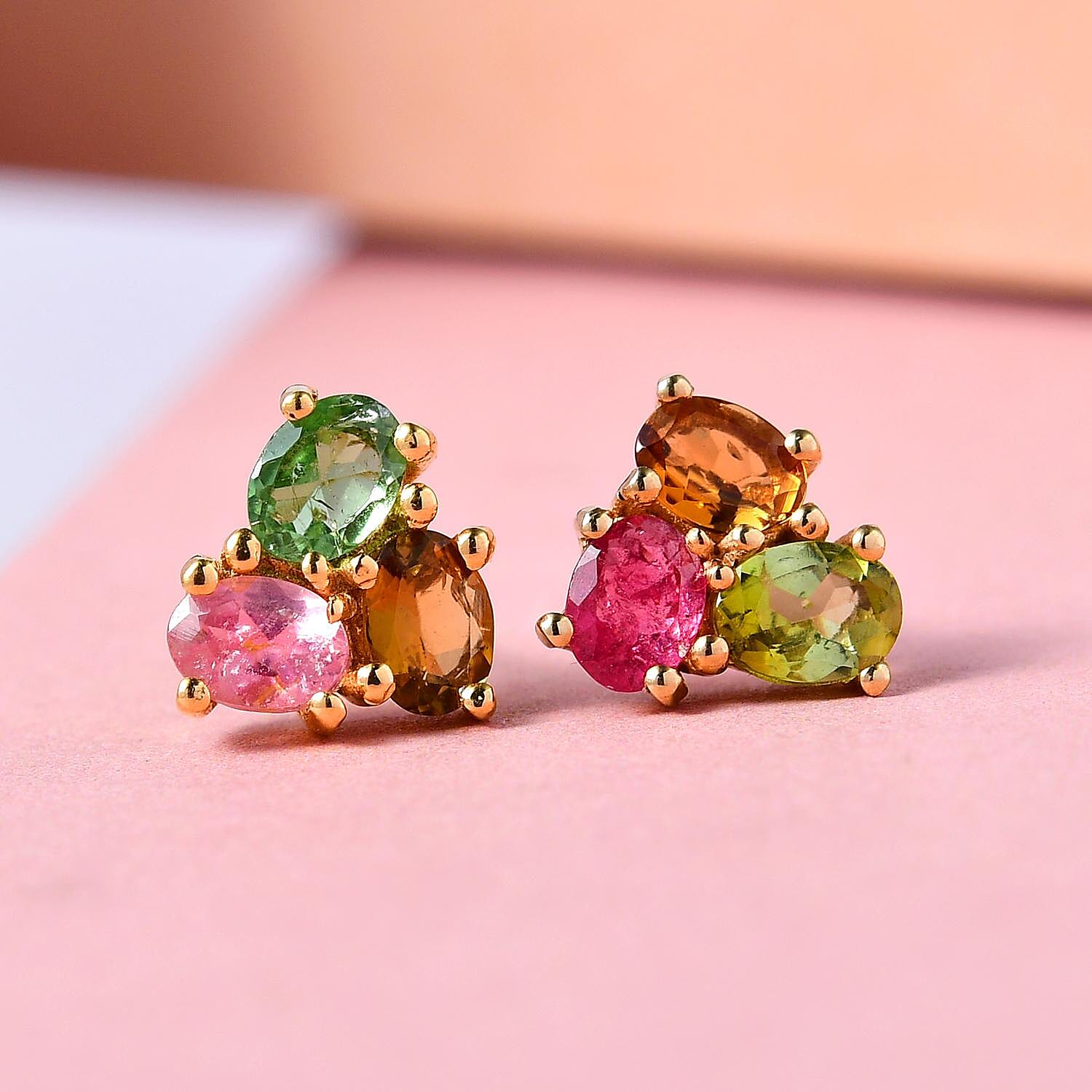 Multi-Tourmaline Stud Earrings in Vermeil Yellow Gold Over Sterling Silver 1.00 ctw