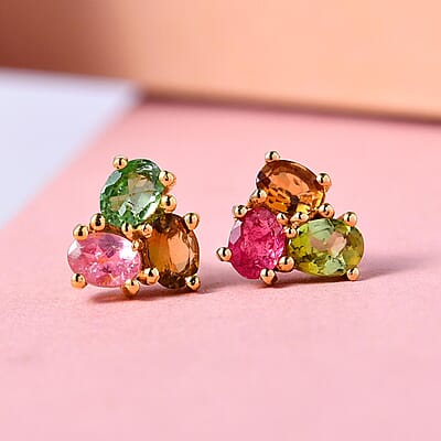 Multi-Tourmaline Stud Earrings in Vermeil Yellow Gold Over Sterling Silver 1.00 ctw