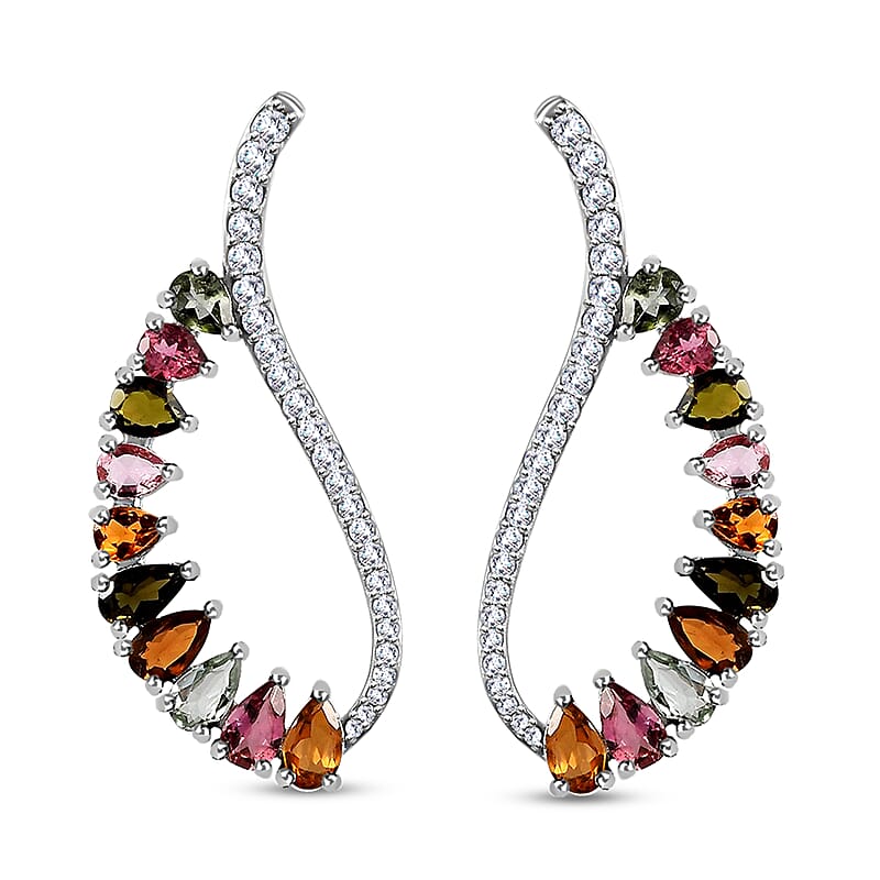 Multi Tourmaline Earrings , Zircon Accent Earrings , Fancy Earrings, Sterling Silver Earrings 4.15 ctw