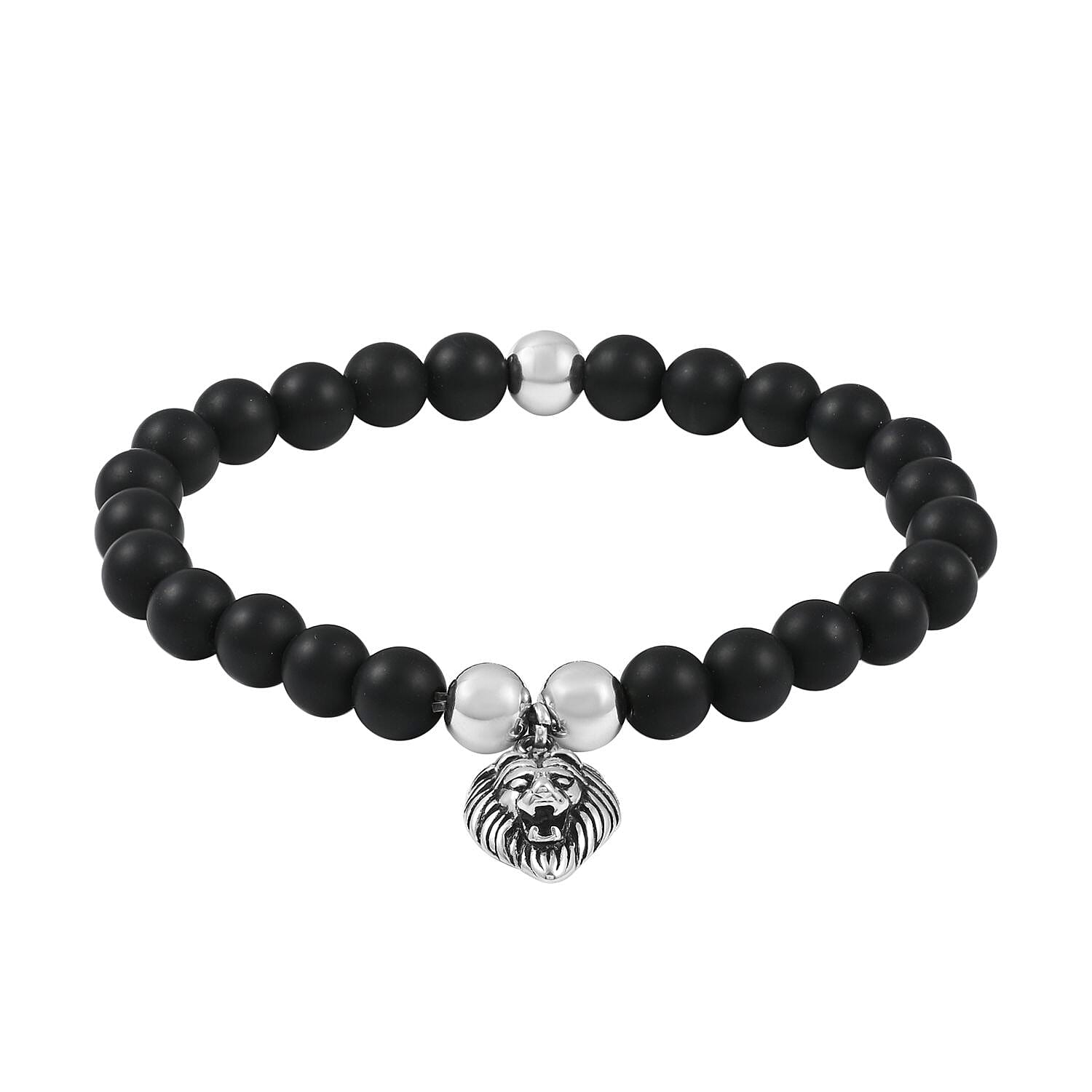 Lava Beaded Stretch Bracelet with Lion Head in Stainless Steel , Tarnish-Free, Waterproof, Sweat Proof Jewelry