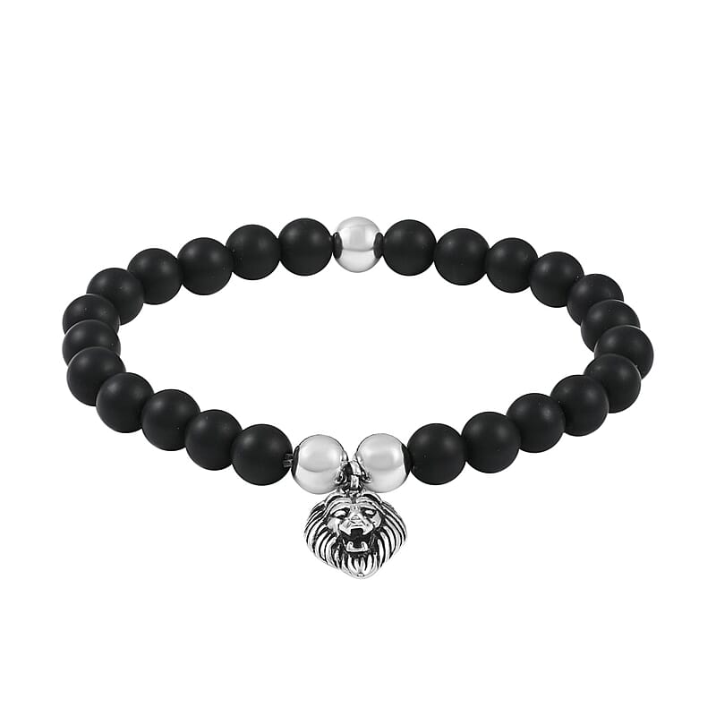 Lava Beaded Stretch Bracelet with Lion Head in Stainless Steel , Tarnish-Free, Waterproof, Sweat Proof Jewelry