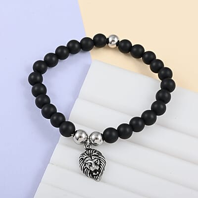 Lava Beaded Stretch Bracelet with Lion Head in Stainless Steel , Tarnish-Free, Waterproof, Sweat Proof Jewelry