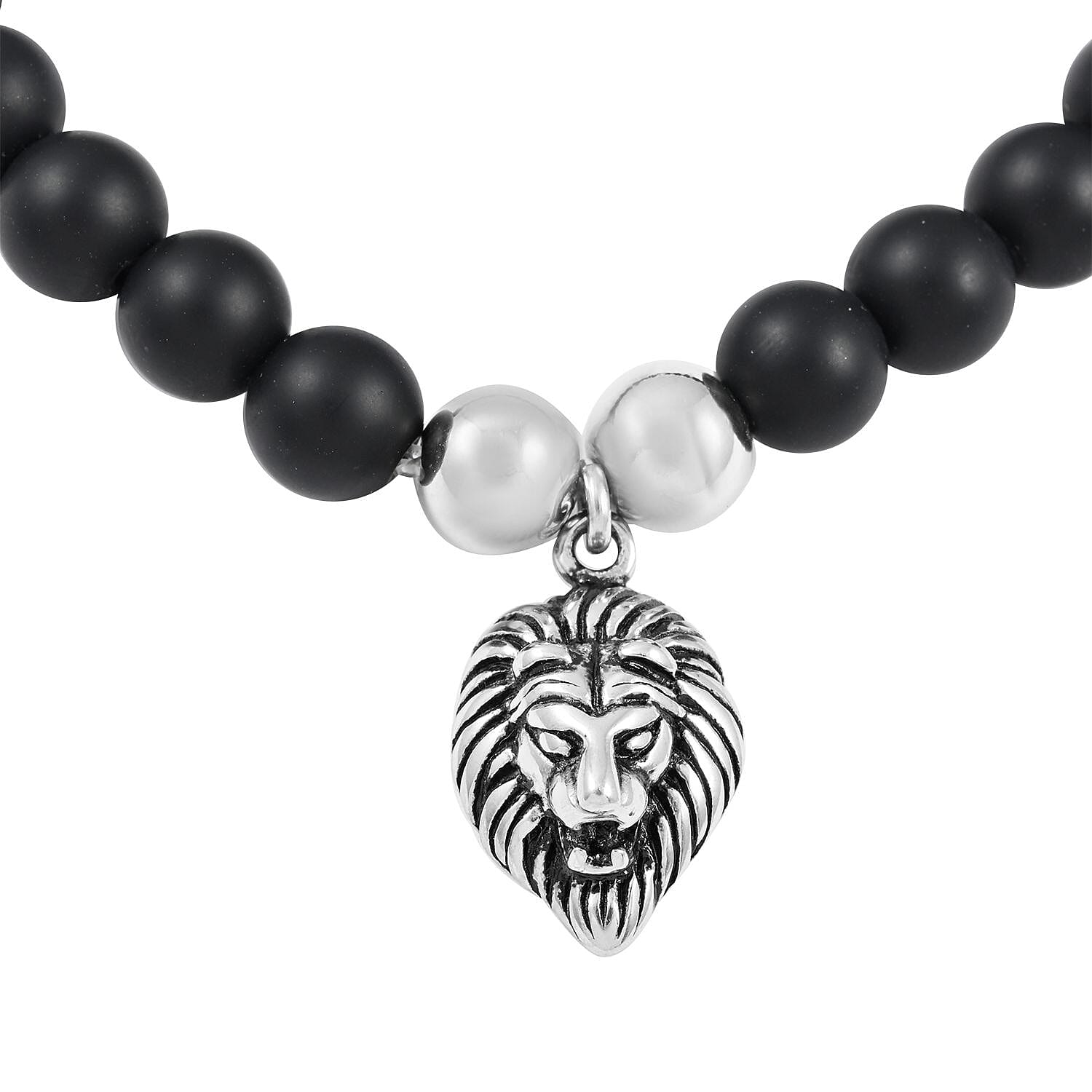 Lava Beaded Stretch Bracelet with Lion Head in Stainless Steel , Tarnish-Free, Waterproof, Sweat Proof Jewelry