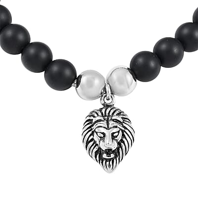 Lava Beaded Stretch Bracelet with Lion Head in Stainless Steel , Tarnish-Free, Waterproof, Sweat Proof Jewelry