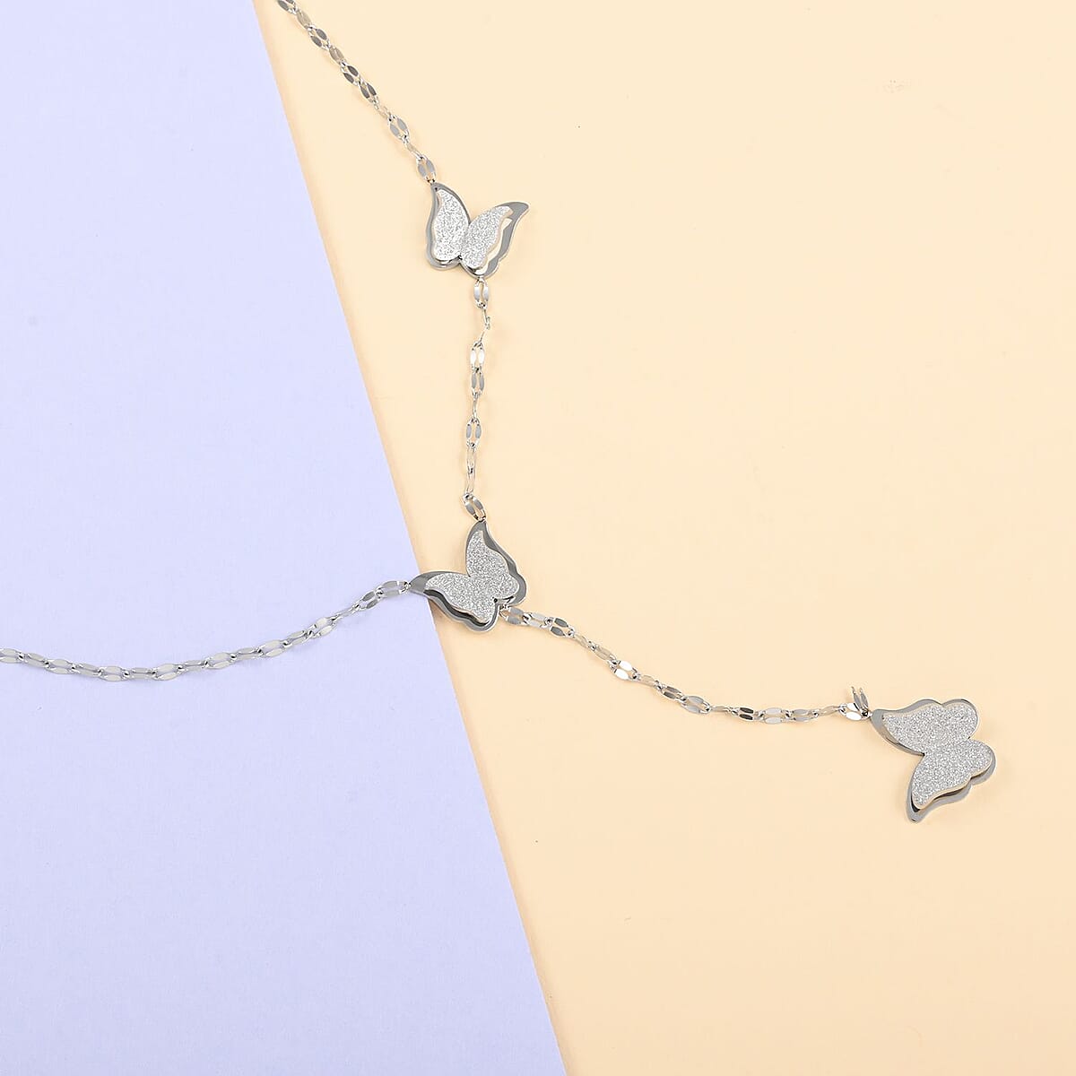 Sandblasted Butterfly Lariat Necklace 16 Inches in Stainless Steel image number 1