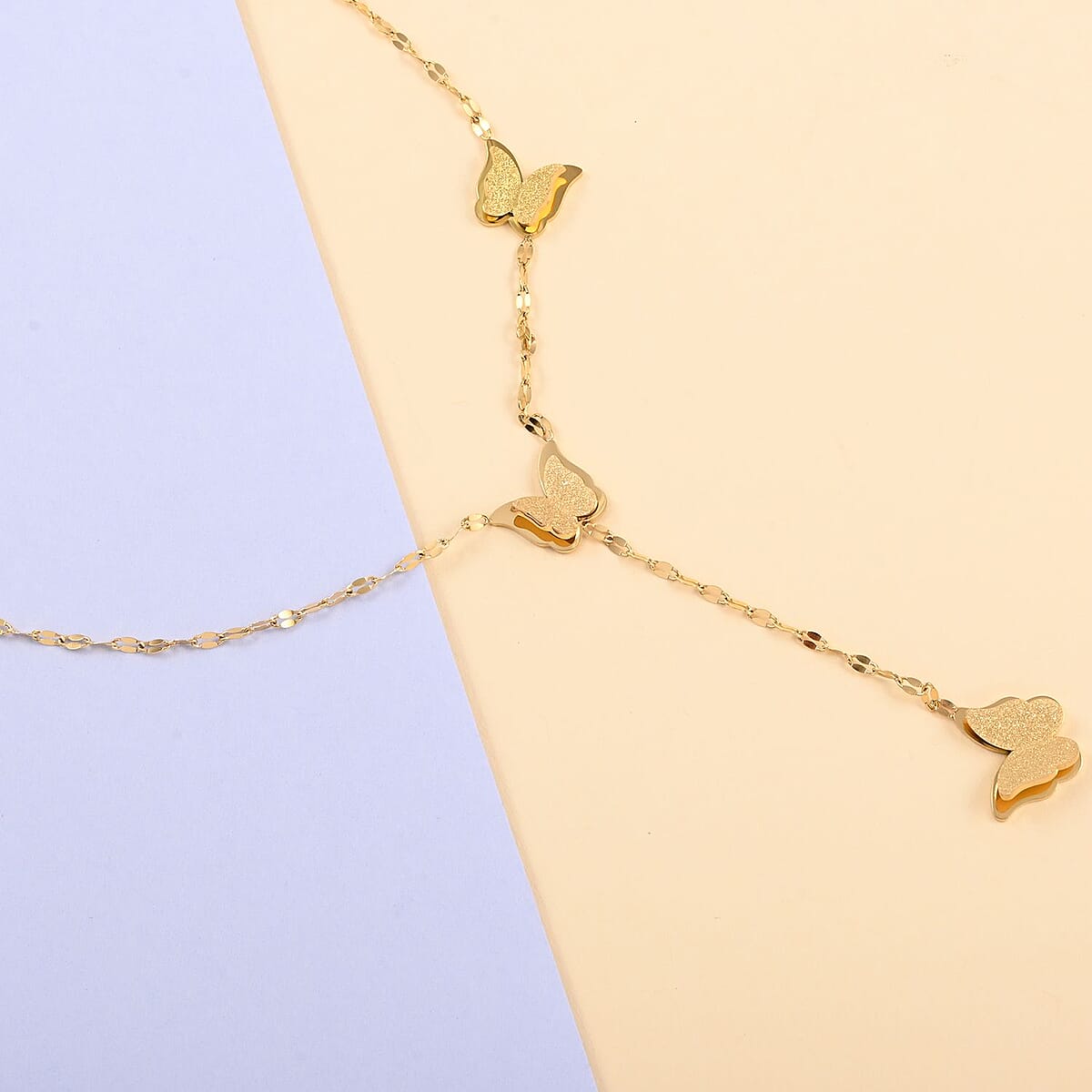 Sandblasted Butterfly Lariat Necklace 16 Inches in ION Plated Yellow Gold Stainless Steel image number 1